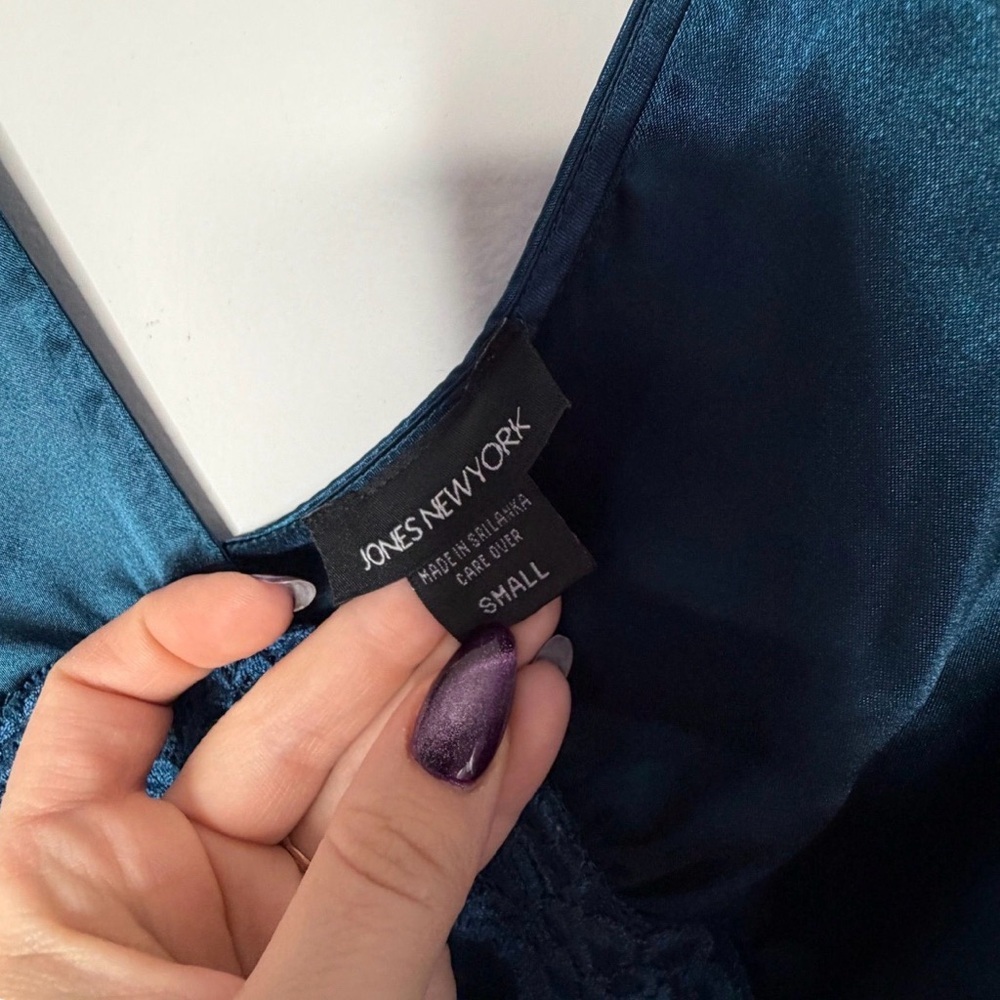 Jones New York Satin Slip Dress Teal Lace Trim Size Small - Picture 3 of 4